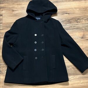 Vintage Herman Kay Women’s 100% Wool Double breasted Black Hooded Peacoat Sz XL